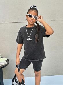 SHEIN Leap Crew 青少年女孩宽松休闲圆领超大短袖 T 恤和骑行短裤两件套