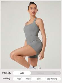 GLOWMODE 4.3" FeatherFit™-Air Sweat-Wicking Quick-Dry Tummy Control Corset Round-Neck Crossover Back Bodysuit Jumpsuit Romper With Side Pockets Low Impact Yoga Pilates Studio Daily Casual Wear Removable Cups - Grey - View 7