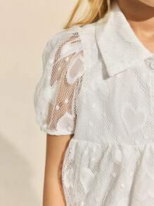 SHEIN Kleine Mädchen Elegantes weißes Mesh-Jacquard Kleid mit Kurzarm Kragen, Frühling/Sommer - Weiss - Übersicht 7