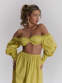 MUSERA 露肩蕾丝边饰文胸，长泡泡袖上衣，精致田园度假海滩伊比沙岛可爱优雅节日嘉年华春夏 - 黃色 - 查看 1