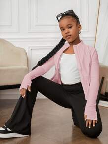 SHEIN Tween Girls' 4-Season Sports UV Protection Zip-Up Jacket, Slim Fit Athletic Activewear For Running, Gym, Yoga, Spring/Summer/Autumn/Winter