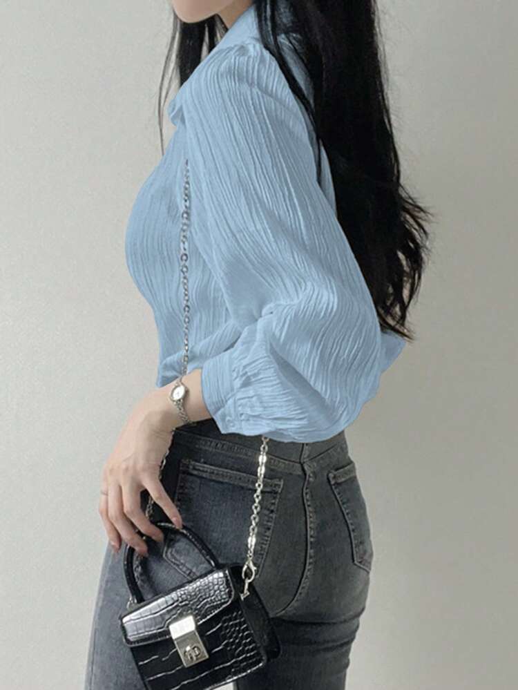 Women's Pleated Solid Color Loose Collar Blouse, White, Spring/Summer/Autumn,Fall Women Clothes Long Sleeve Top