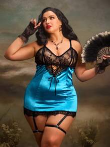 PinupGlam 3pcs Vintage Romantic Hollow Out Satin Shiny Lace Patchwork Criss-Cross Backless Dress + G-String + Garter Belt, Plus Size Lingerie Set