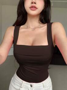 DAZY Women'ssummer Sexy Minimalist Loose Pleated Chest Design Camisole - Coffee Brown - View 5