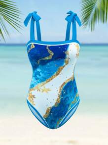 Swim Oasis 大码女式两件套随机印花系带抹胸连体泳衣配系带纱笼，时尚海滩度假泳装 - 彩色 - 查看 7
