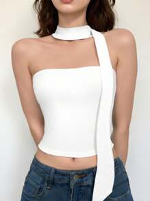 Girlism Teen Girls Solid Color Knit Casual Basic Neck-Tie Tube Top - White - View 2