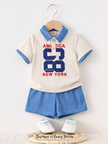 Cozy Pixies 2pcs/Set Baby Boy Contrast Color Polo Collar Short Sleeve Top And Elastic Waist Shorts