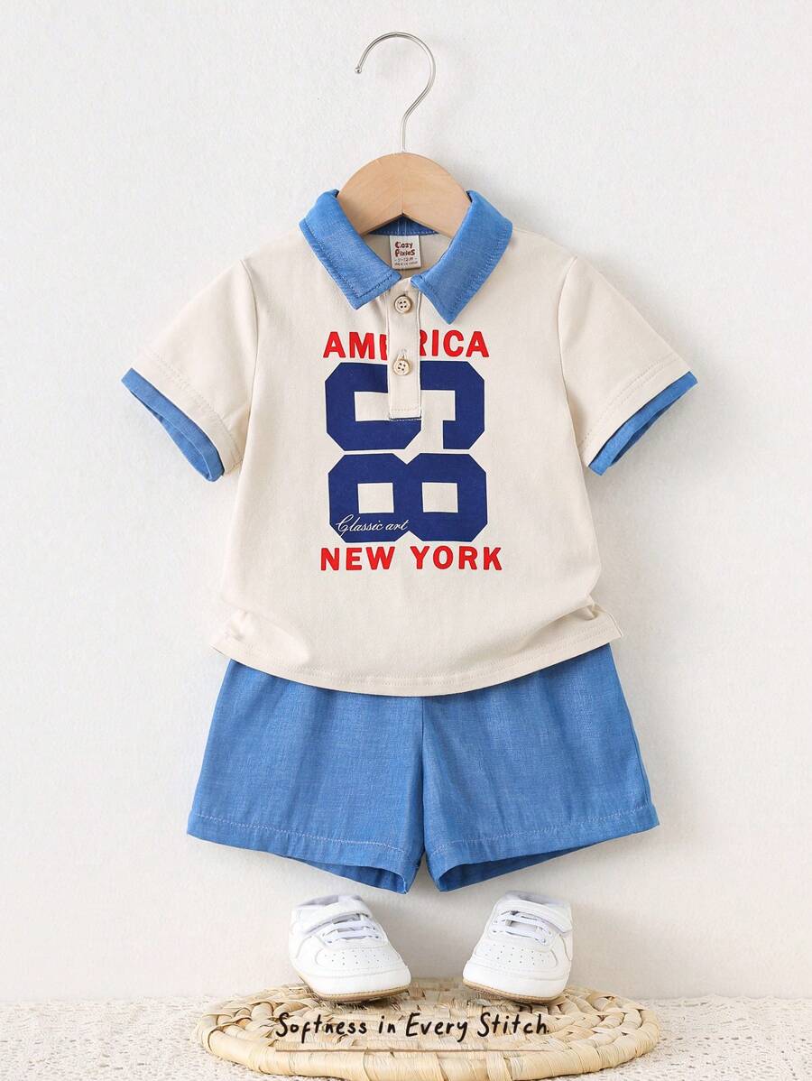 Cozy Pixies 2pcs/Set Baby Boy Contrast Color Polo Collar Short Sleeve Top And Elastic Waist Shorts