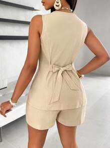 SOLERSUN Solid Button Front Vest Blazer & Shorts - Khaki - View 2