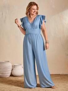EMERY ROSE Elegant Casual Commuting Vacation V-Neck Ruffle Hem Denim Effect Jumpsuit