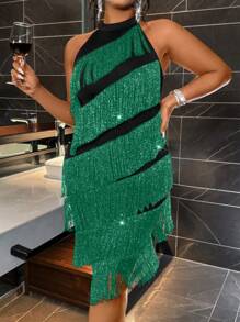 Allurite Plus Size Asymmetrical Color Block Tassel Dress, Suitable For Cocktail Party, Wedding, Evening Gown