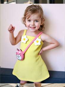 Vestido de verano en tela texturizada de color mostaza con flores bordadas, adecuado para uso al aire libre, para niña bebé