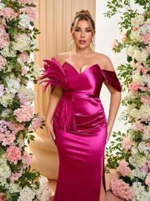 Glamrae 大码优雅浪漫露肩高开衩美人鱼下摆奢华羽毛装饰正式晚礼服、婚礼宾客礼服（土耳其羽毛）、派对礼服、长袍