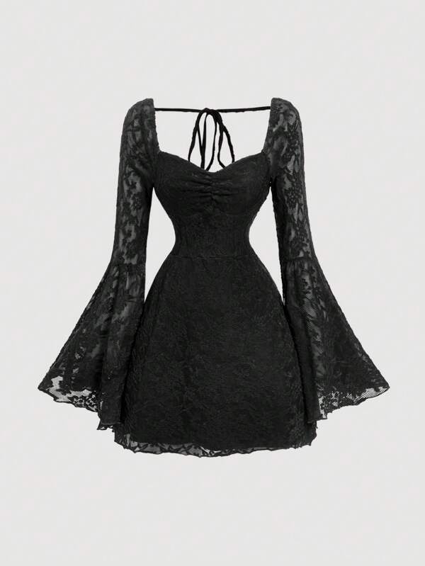 SHEIN MOD Damen Schwarzes Spitzen-Jacquard-Kleid mit ausgestellten Ärmeln und kurzem Strickkleid, Neujahrskleid