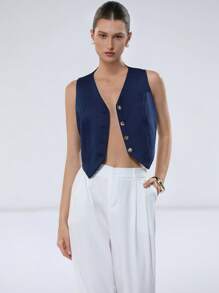 SHEIN Privé Women's Commuter-Style V-Neck Hemline Split Metallic Button Denim Effect Cropped Top - Blue - View 4