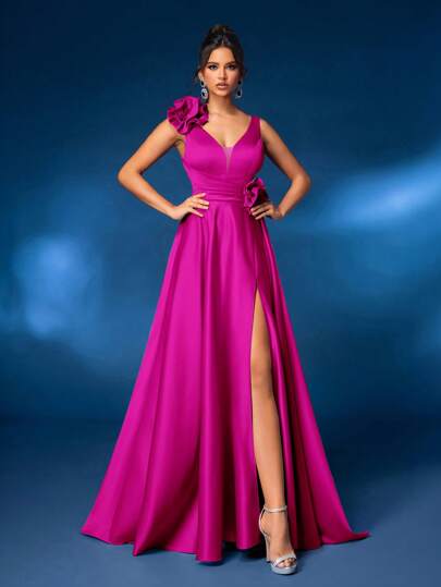 Glamrae Elegante y lujoso vestido maxi con cuello en V y decoración de loto 3D, con abertura alta y cola larga, vestido de noche formal, vestido de invitada de boda, vestido de fiesta