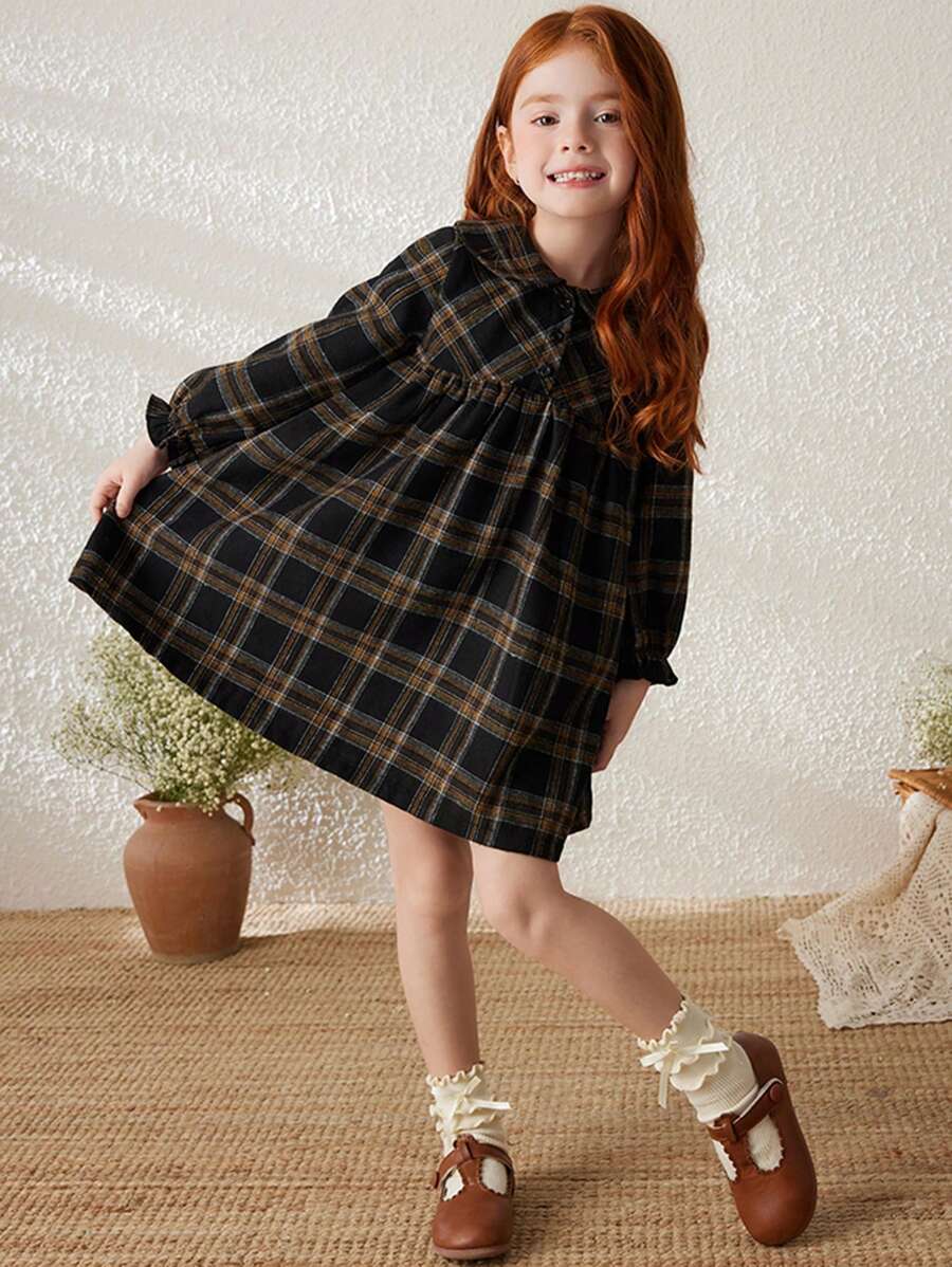 Blossori 女童休闲格子灯笼袖连衣裙，春/秋 - 黑色 - 查看 1