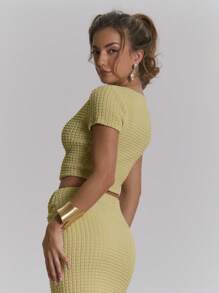 MUSERA Ruched Chiffon Stretch V Neck Button Up Cropped Top For Spring  Casual For Spring  Sexy Club - Mustard Yellow - View 4