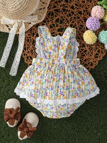 SHEIN Nomadic Countryside Vacation Style Baby Girls Ditsy Floral Ruffle Patchwork Strap Dress, Cute & Casual Fashion For Spring/Summer - Multicolor - View 2