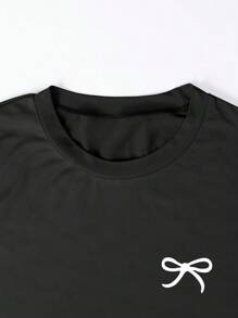 Sparklyn Áo thun tay ngắn họa tiết nơ trước đơn giản dành cho bé gái tuổi teen - màu đen - Xem 5