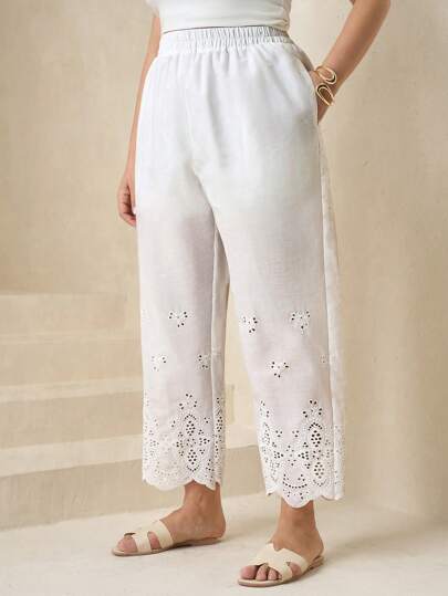 Chikora Plus Size Women Elastic Waist Pants With Pockets, White Embroidered Woven Fabric, Elegant For Daily Wear, Spring/Summer Pants For Women Pants Women Palazzo Pants