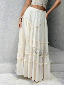 Sunnyshic Apricot Pleated Lace Trim Skirt, Minimalist & Fashionable, Suitable For Summer - Apricot - View 1