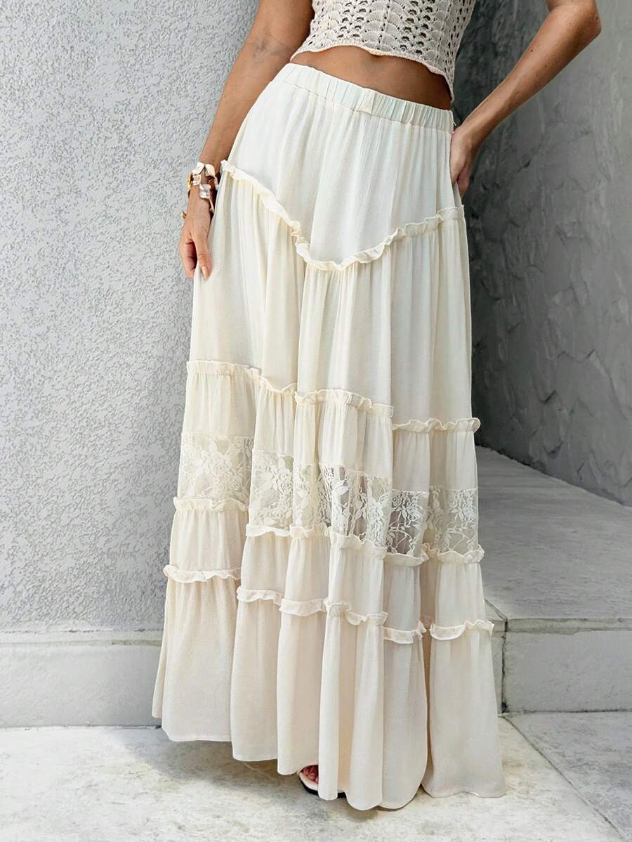 Sunnyshic Apricot Pleated Lace Trim Skirt, Minimalist & Fashionable, Suitable For Summer - Apricot - View 1