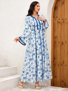 Al Najma 1 pezzo Abito per donna con maniche a campana, legatura in vita e bordi a contrasto in stile arabo, adatto per la primavera/estate, di stile modesto