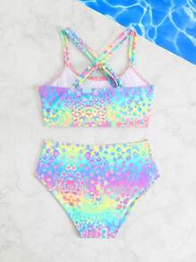 SHEIN Tween Girl Ombre Leopard Print Swimwear Set Summer Pink Swim Bohemian Summer Holiday Cute - Multicolor - View 2