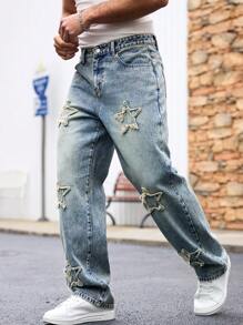 Manfinity Roughcore Men's Casual Modern Light Wash Denim Jeans With Star Appliques And Zipper Detail - Light Wash - View 1