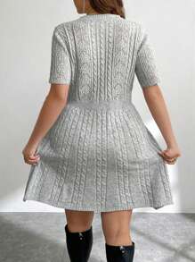 SHEIN Privé Plus Size Elegant Commute Workplace Intelligent High-End Venue Afternoon Tea Slightly Sexy Date Concert Party Round Neck Chest Bow Decor Cable Knitted Short Sleeve A-Line Academy Style Dress - Grey - View 9