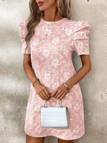 SHEIN Clasi Women's Puff Sleeve Textured Jacquard Dress - Pink - View 5