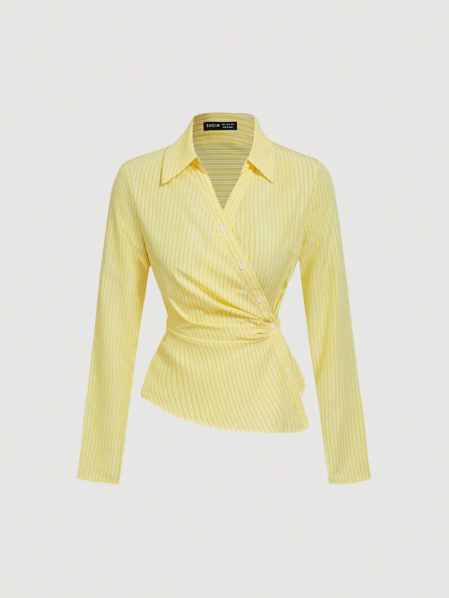 SHEIN MOD قميص نسائي أصفر وأبيض مخطط ذو ياقة منقلبة وأكمام طويلة للعمل ، كاجوال للنساء ، طراز التسعينيات ، للخريف ، كاجوال للنساء ، للعودة إلى المدرسة ، بلوزات نسائية ، ملابس علوية للخروج ، قميص بأكمام طويلة ، بلوزات عمل نسائية لعيد الحب