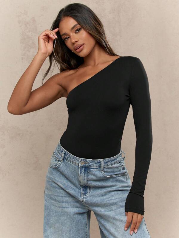 MISSGUIDED Body de manga larga de un solo hombro, ajustado, de punto elástico, básico y versátil para actividades físicas, yoga, baile y como capa en otoño e invierno