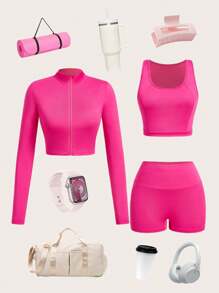 Slaydiva 3pcs Summer Women Sports Set: Zipper Half Stand Collar Tight Long Sleeve T-Shirt Jacket, Sleeveless Cropped Tank Top, Sports Shorts - Style B