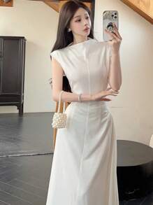 Modelyn 女式高领不对称下摆优雅直筒连衣裙 - 白色 - 查看 4