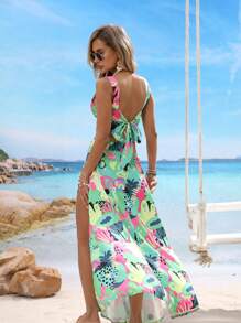 Breezaya 2pcs/Set Casual Vacation Full Print Crop Top And Shorts - Green - View 5