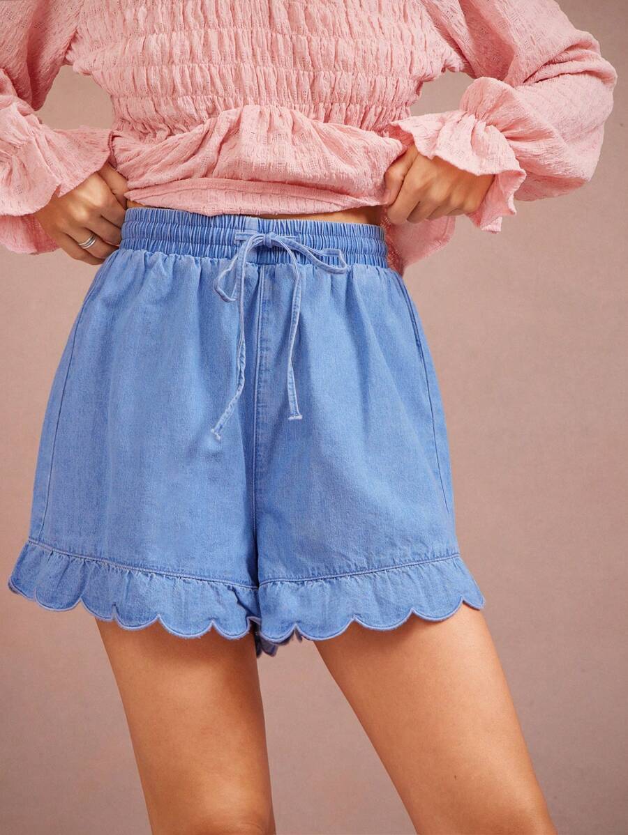 WESTFADE Western High Rise Smocked Drawstring Waist Scalloped Ruffle Hem Cowgirl A Line Denim Shorts - Medium Wash - View 1