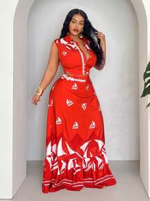 Slaydiva Slayr Plus Size Holiday & Elegant & Sexy Koszula kołnierzyk Bez rękawów Dopasowana góra i Spódnica Bodycon Spódnica Wiosenna/Lato
