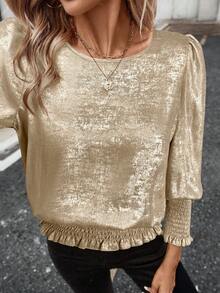 SHEIN LUNE 春季新款浪漫情人节花瓣袖收腰闪亮金珍珠优雅派对和办公室衬衫，金色上衣 - 金色 - 查看 6