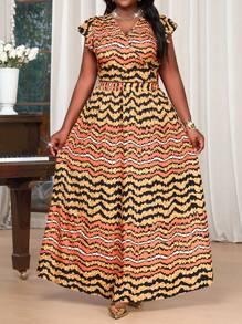 SHEIN Lady 春夏优雅通勤办公室休闲波西米亚风休闲外出彩色编织重叠领荷叶边袖系带长款无袖大码套装