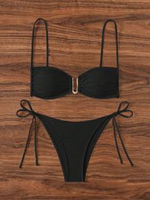 SHEIN Swim Bikini de dos piezas de unicolor con textura para vacaciones en la playa - Negro - Ver 5