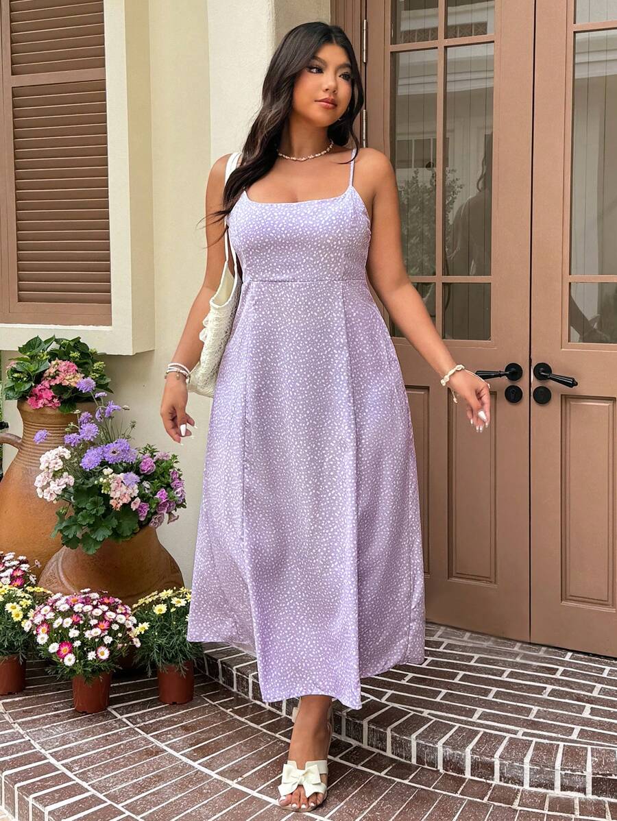 SHEIN EZwear Váy hoa vải voan màu trắng đế tím nhạt cỡ lớn cho nữ - Màu tím hoa cà - Xem 1