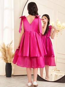 SHEIN Tween Girls' Elegant Fitted Minimalist Sweet Round Neck Sleeveless Detachable Cinched Waist A-Line Dress - Hot Pink - View 2
