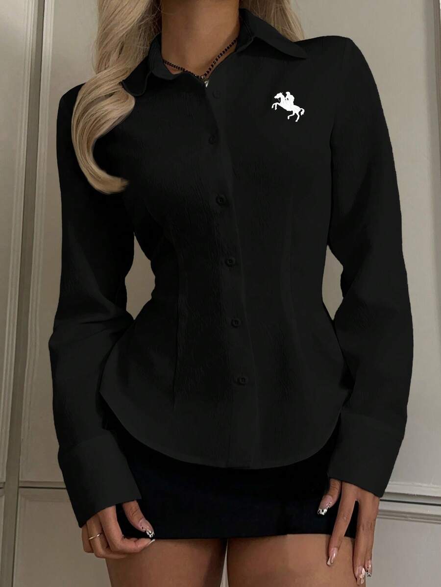 SHEIN EZwear 女式新款刺绣装饰黑色修身长袖衬衫 - 黑色 - 查看 1