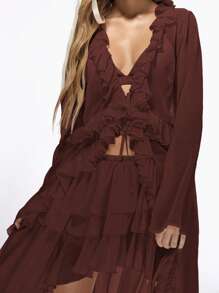 MISSGUIDED Ruffled Longline Blouse Fall Winter Festival Boho Chic Prairie Victorian Style Front Tie Long Sleeve Top Western Cottage Core Fashion Peasant - Chocolate Brown - View 3