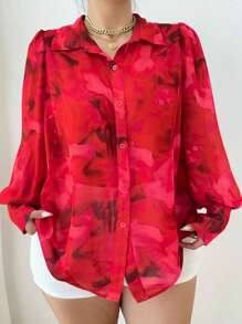 Elenzga Plus Size Bloemen All Over Print Lantaarn Mouw Losse Casual Shirt