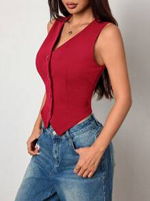 K-Vae Chaleco de mujer de punto ajustado de unicolor con cuello en V para otoño/invierno - Rojo - Ver 5