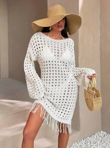 RueChic Women's Solid Color Open Knit Dolman Sleeve Maxi Summer Dress - Cream - View 1