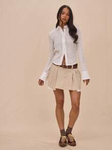 MUSERA 中腰褶裥前片双层毛边腰带迷你裙，夏季可爱款 - 卡其色 - 查看 1